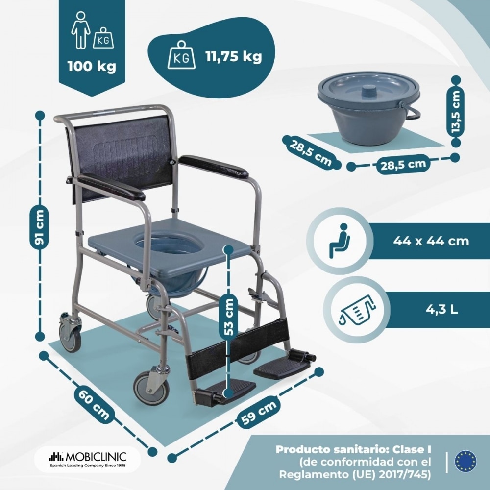 Silla inodoro wc con ruedas y reposabrazos abatibles reposapiés extraíbles gris Ancla Mobiclinic 2