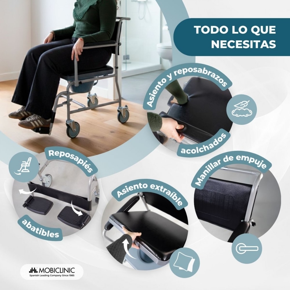 Silla inodoro wc con ruedas y reposabrazos abatibles reposapiés extraíbles gris Ancla Mobiclinic 3