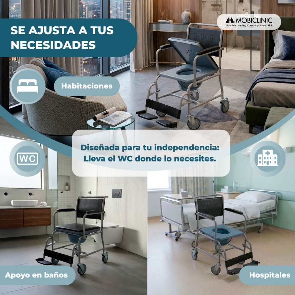 Silla inodoro wc con ruedas y reposabrazos abatibles reposapiés extraíbles gris Ancla Mobiclinic 4