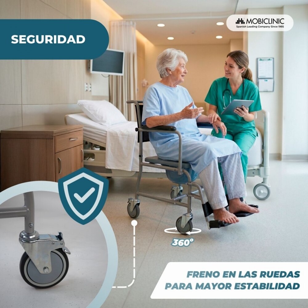 Silla inodoro wc con ruedas y reposabrazos abatibles reposapiés extraíbles gris Ancla Mobiclinic 5