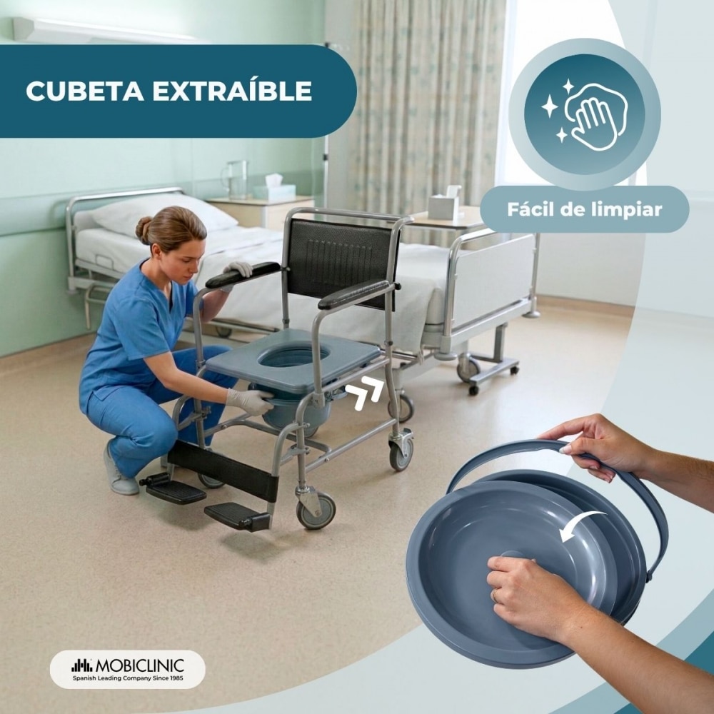 Silla inodoro wc con ruedas y reposabrazos abatibles reposapiés extraíbles gris Ancla Mobiclinic 6