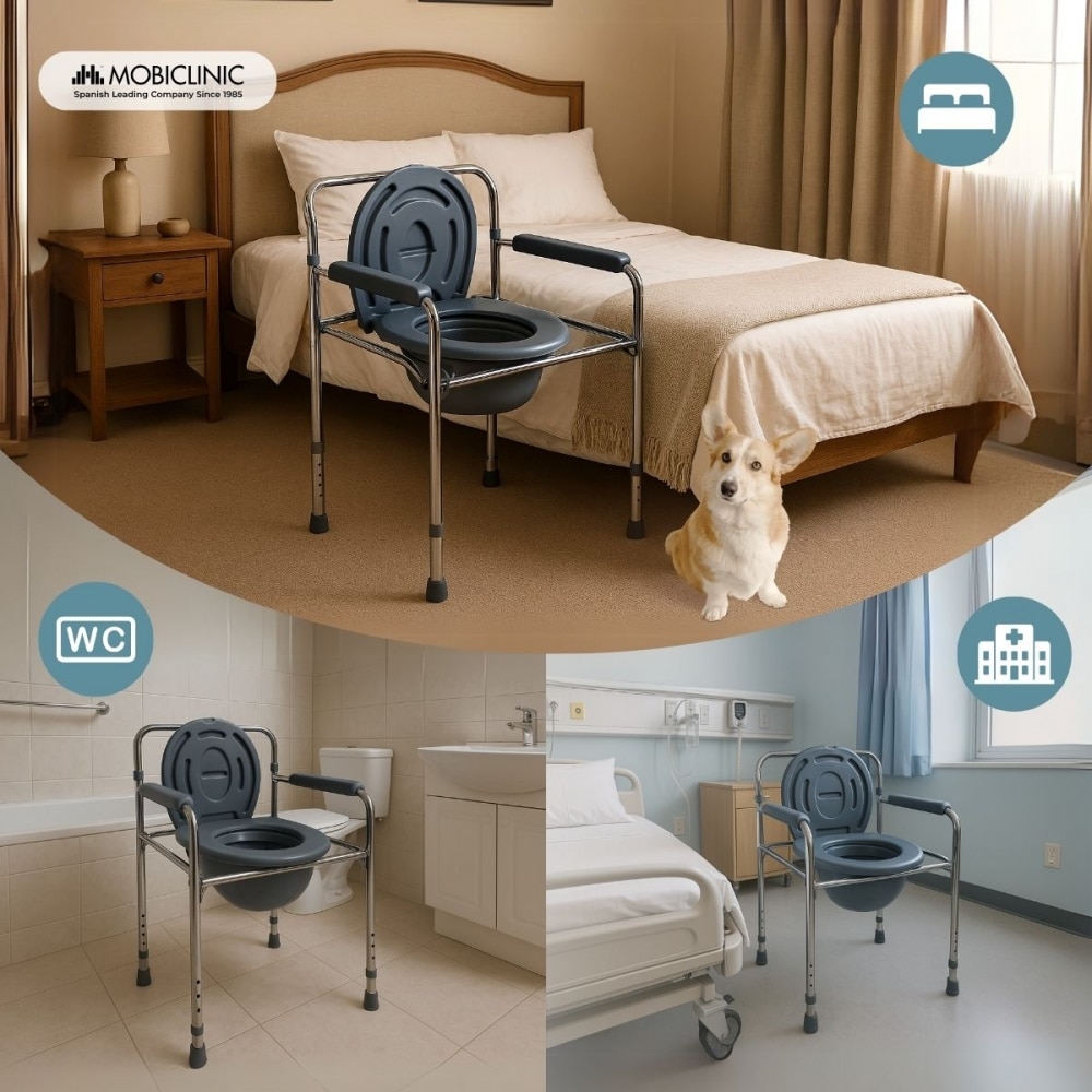 Silla wc con tapa altura regulable reposabrazos acero cromado Puente Mobiclinic 3