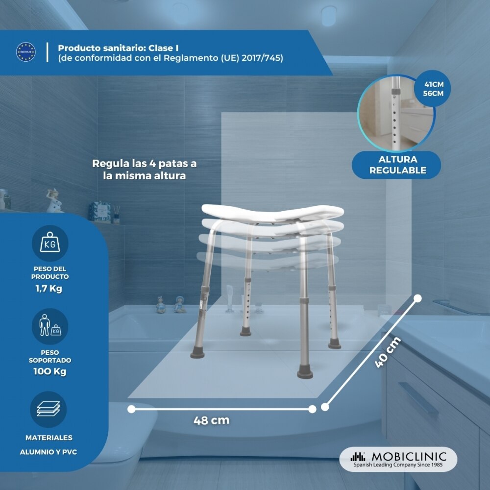 Banqueta baño altura regulable asiento en u conteras antideslizantes Bahía Mobiclinic 2