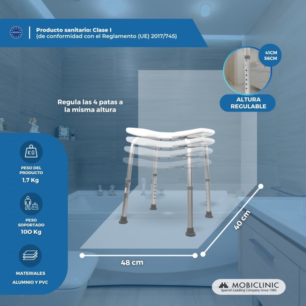 Banqueta baño altura regulable asiento en u conteras antideslizantes Bahía Mobiclinic 2