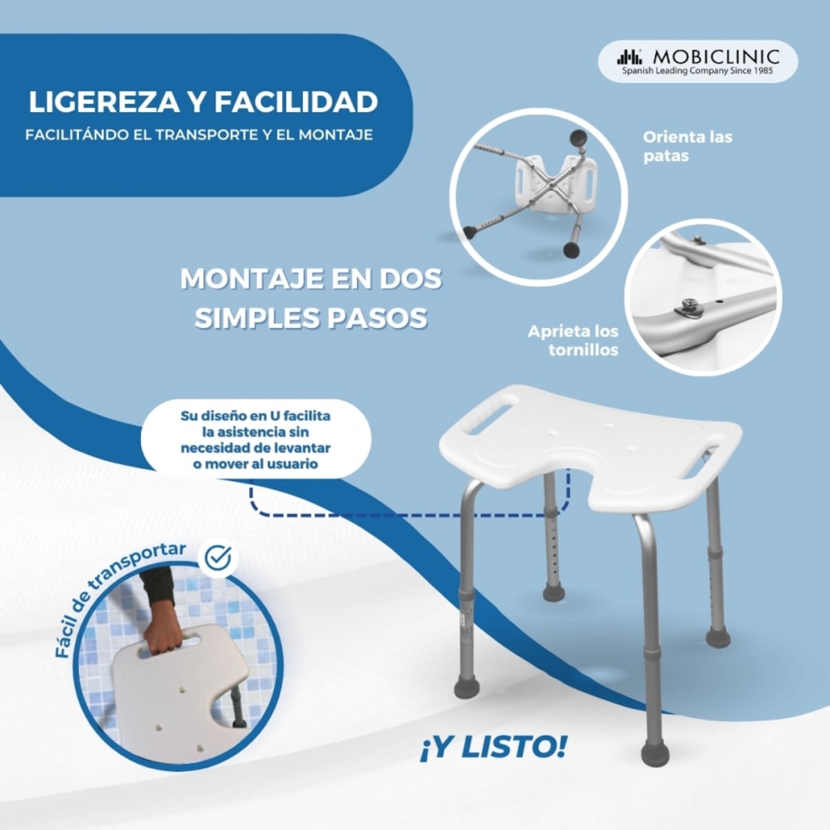 Banqueta baño altura regulable asiento en u conteras antideslizantes Bahía Mobiclinic 3