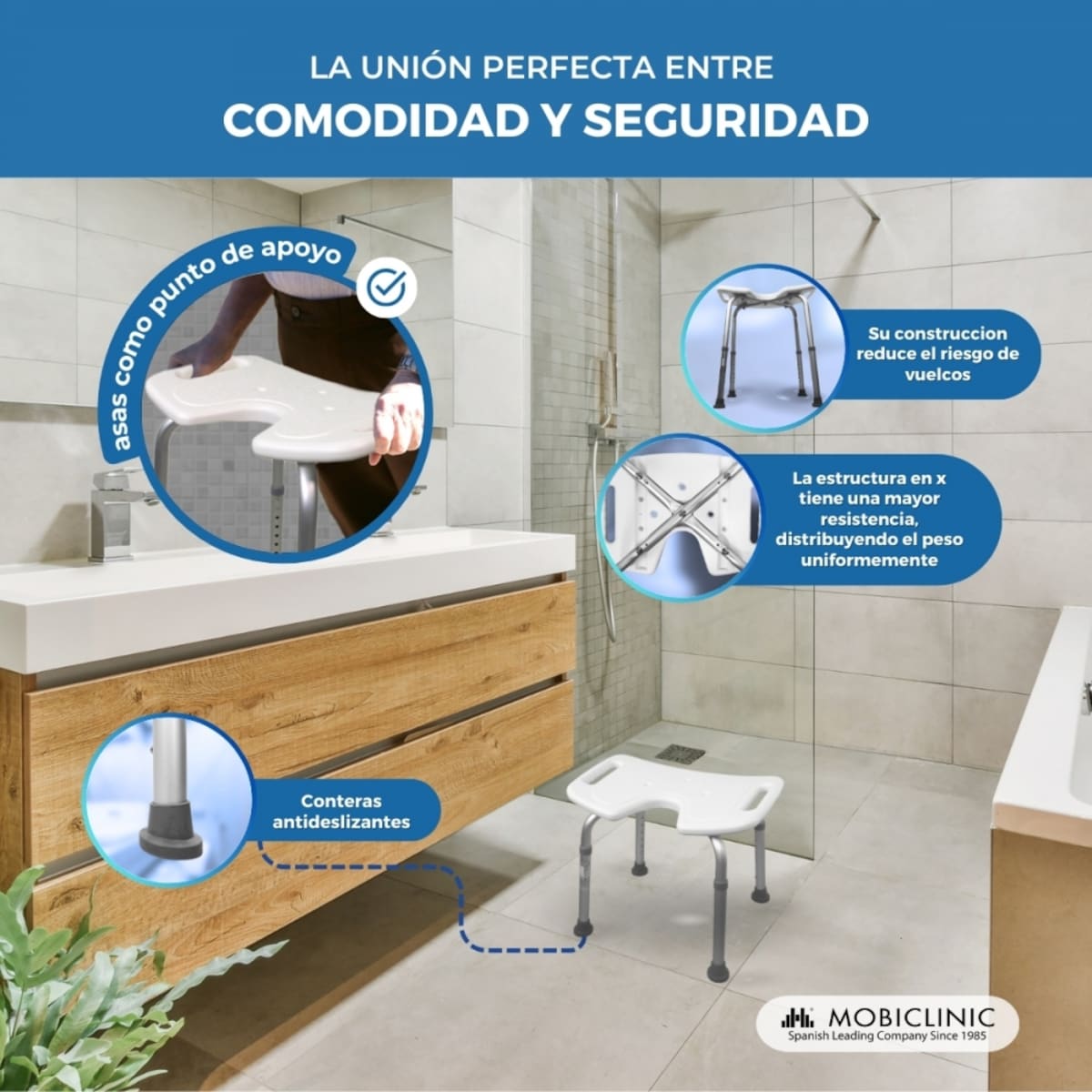 Banqueta baño altura regulable asiento en u conteras antideslizantes Bahía Mobiclinic 4