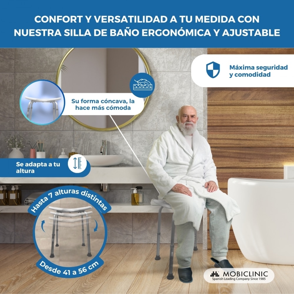Banqueta baño altura regulable asiento en u conteras antideslizantes Bahía Mobiclinic 5