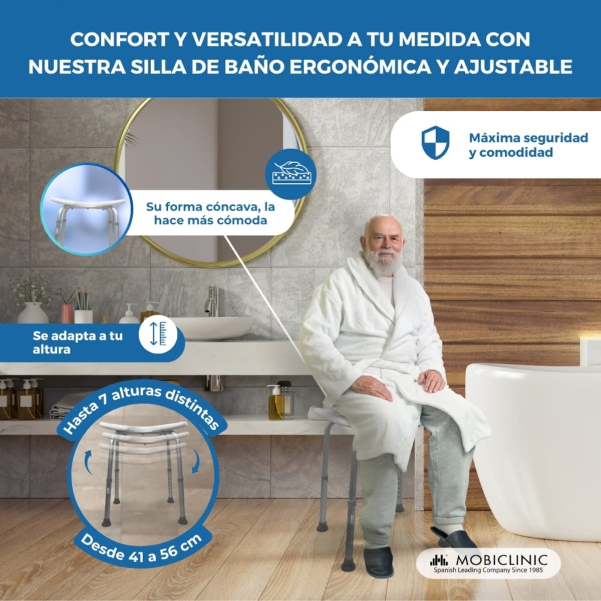 Banqueta baño altura regulable asiento en u conteras antideslizantes Bahía Mobiclinic 5