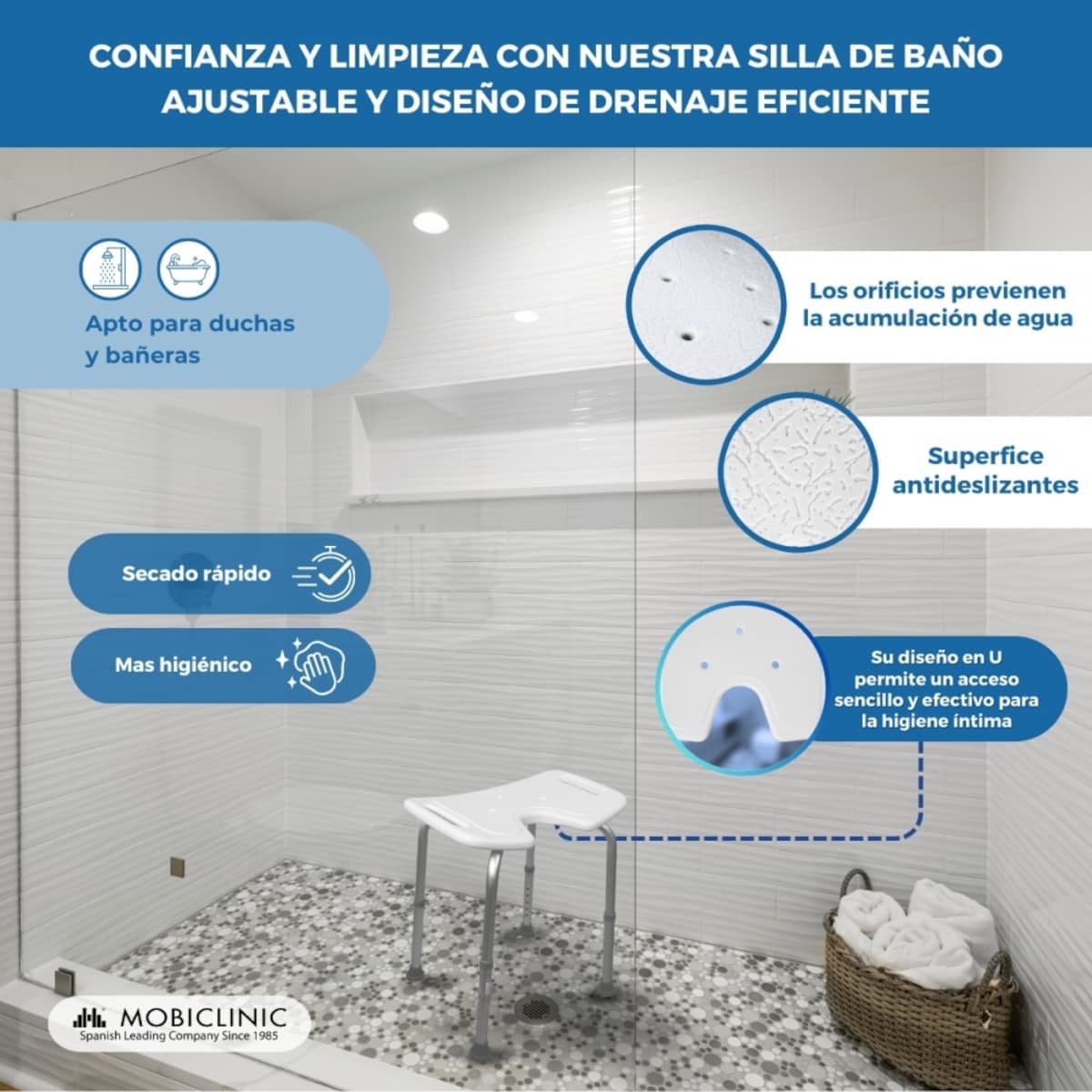 Banqueta baño altura regulable asiento en u conteras antideslizantes Bahía Mobiclinic 6