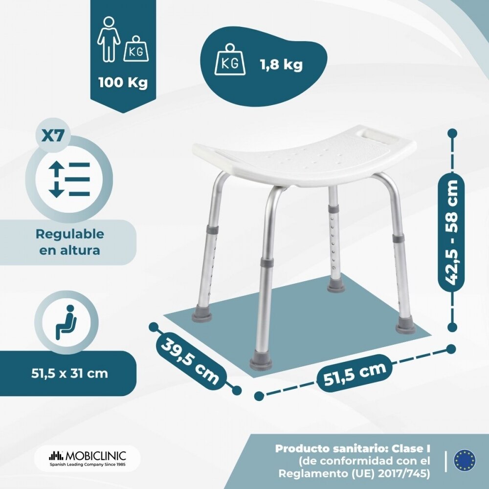 Silla de ducha Mobiclinic San Fermín Aluminio Silla de baño Regulable en altura Asiento de ducha Conteras antideslizantes 2