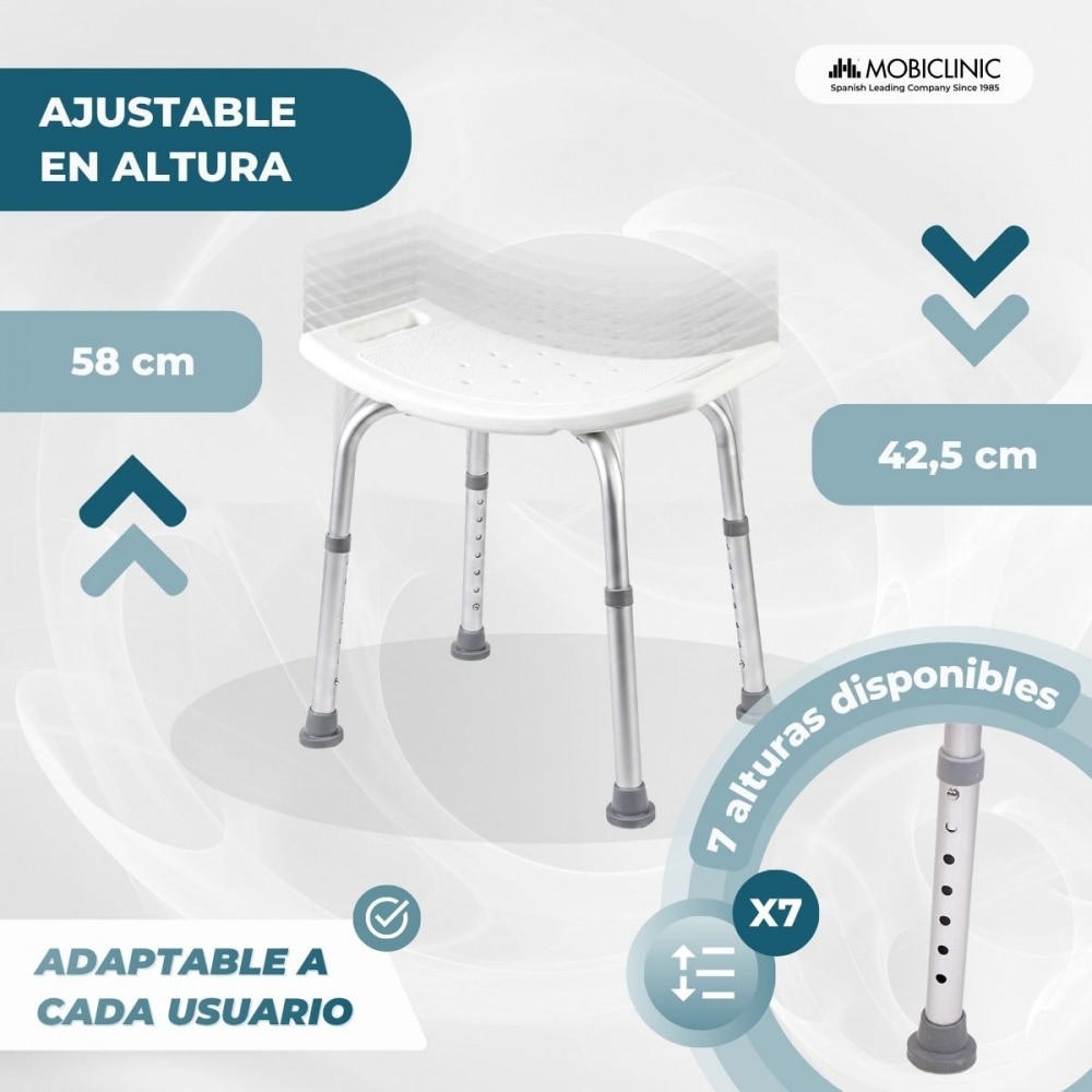 Silla de ducha Mobiclinic San Fermín Aluminio Silla de baño Regulable en altura Asiento de ducha Conteras antideslizantes 3