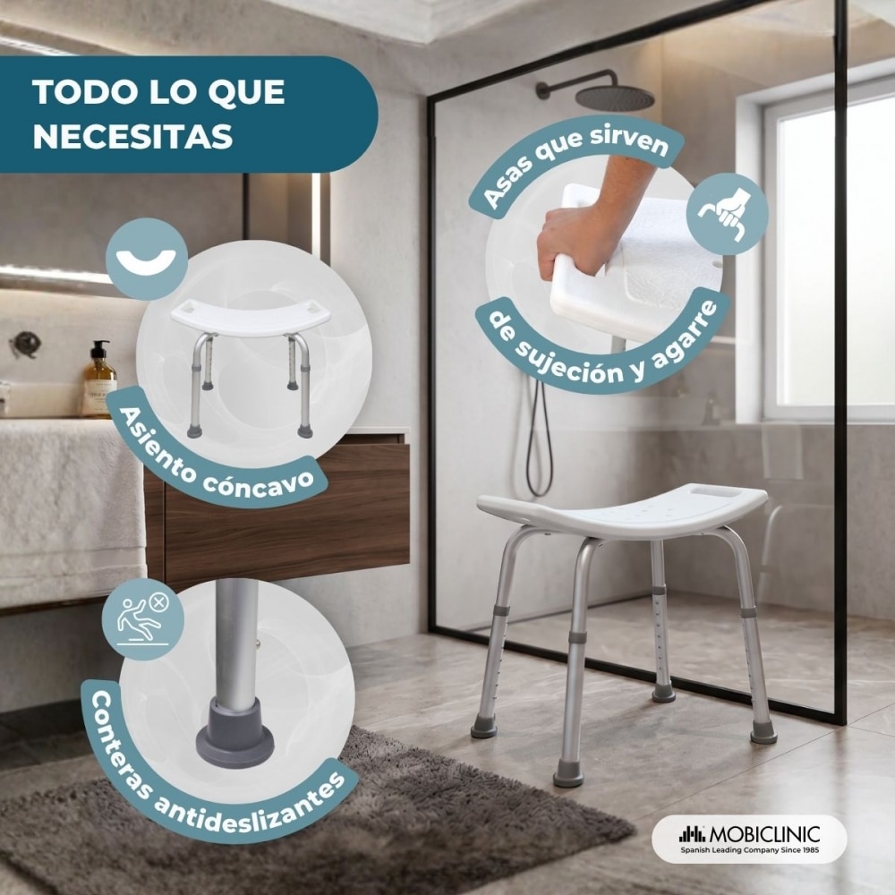 Silla de ducha Mobiclinic San Fermín Aluminio Silla de baño Regulable en altura Asiento de ducha Conteras antideslizantes 4
