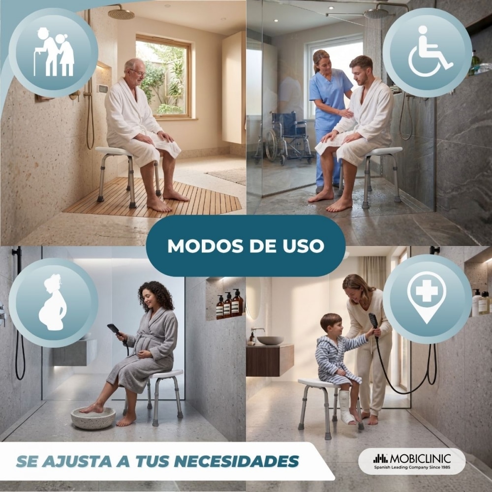 Silla de ducha Mobiclinic San Fermín Aluminio Silla de baño Regulable en altura Asiento de ducha Conteras antideslizantes 5