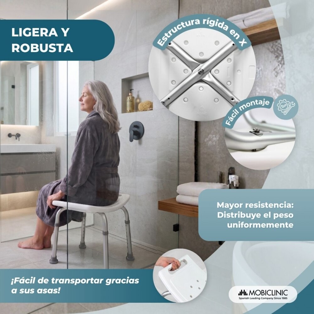 Silla de ducha Mobiclinic San Fermín Aluminio Silla de baño Regulable en altura Asiento de ducha Conteras antideslizantes 6
