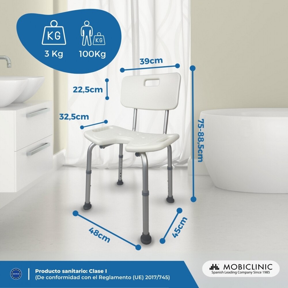 Silla de baño altura regulable respaldo asiento en "u" Marisma Mobiclinic 2