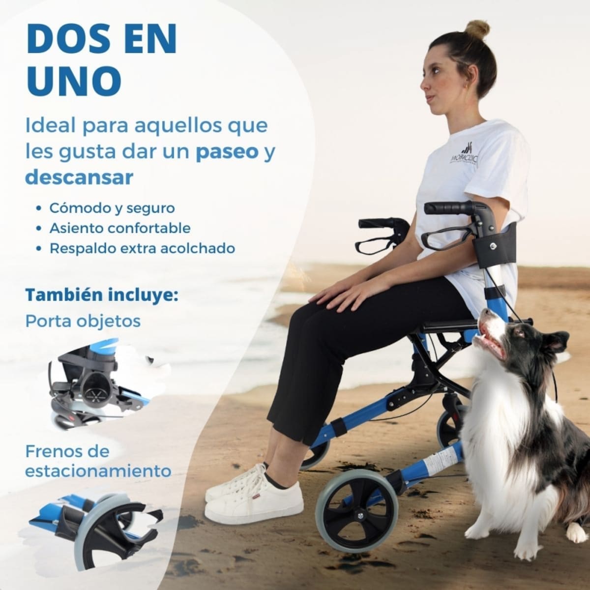 Andador para ancianos Mobiclinic Trajano Aluminio Plegable Frenos en manetas carro de la compra Asiento y respaldo 4 ruedas Celeste 4