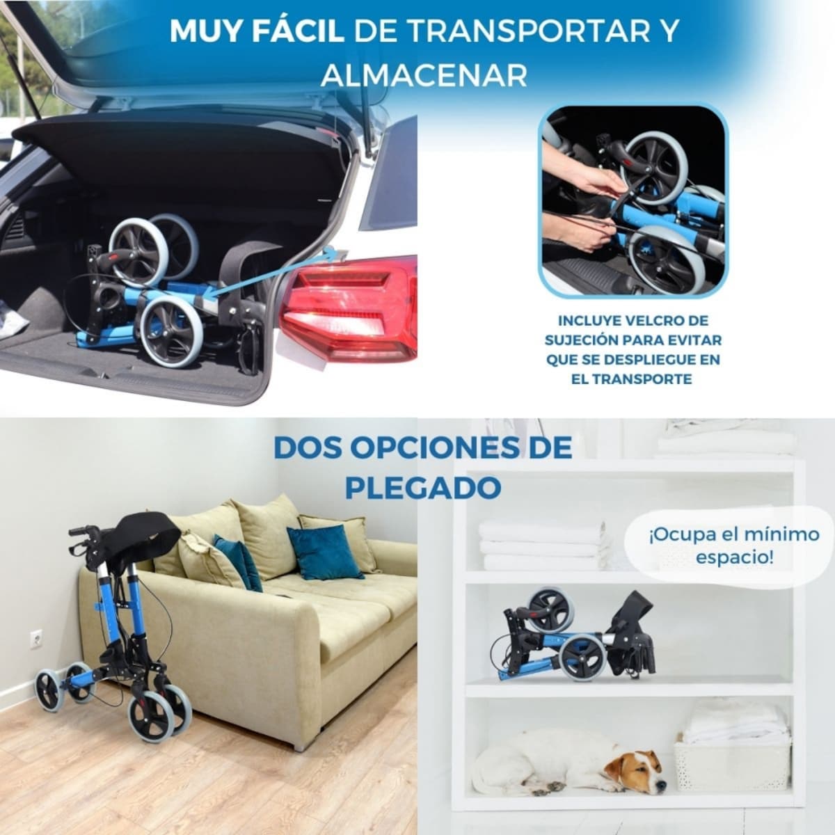 Andador para ancianos Mobiclinic Trajano Aluminio Plegable Frenos en manetas carro de la compra Asiento y respaldo 4 ruedas Celeste 6