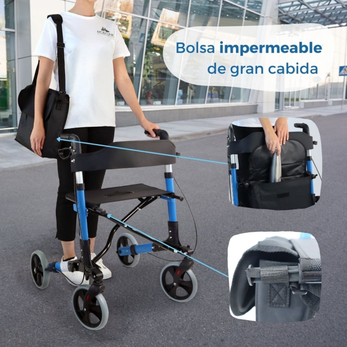 Andador para ancianos Mobiclinic Trajano Aluminio Plegable Frenos en manetas carro de la compra Asiento y respaldo 4 ruedas Celeste 7