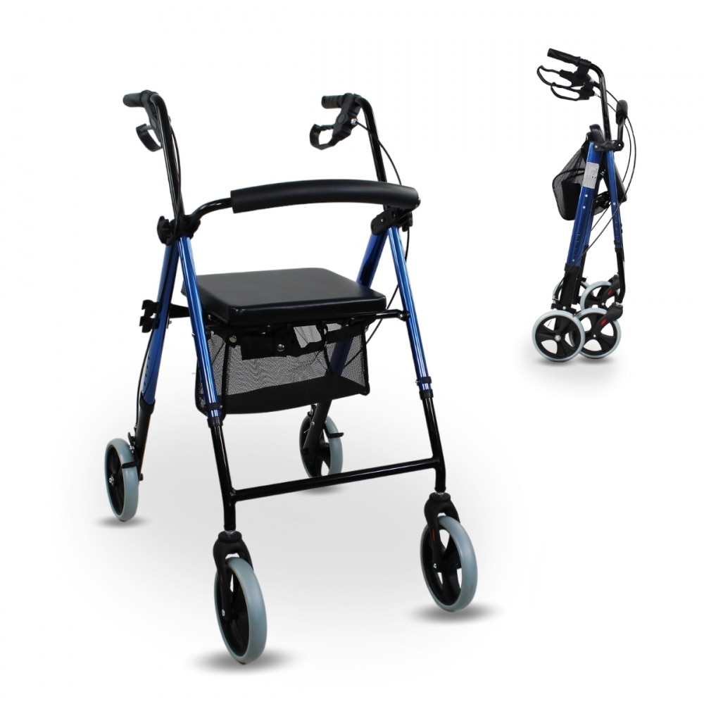 Imagen 0 de Andador plegable aluminio frenos manetas asiento y respaldo 4 ruedas Hércules Mobiclinic