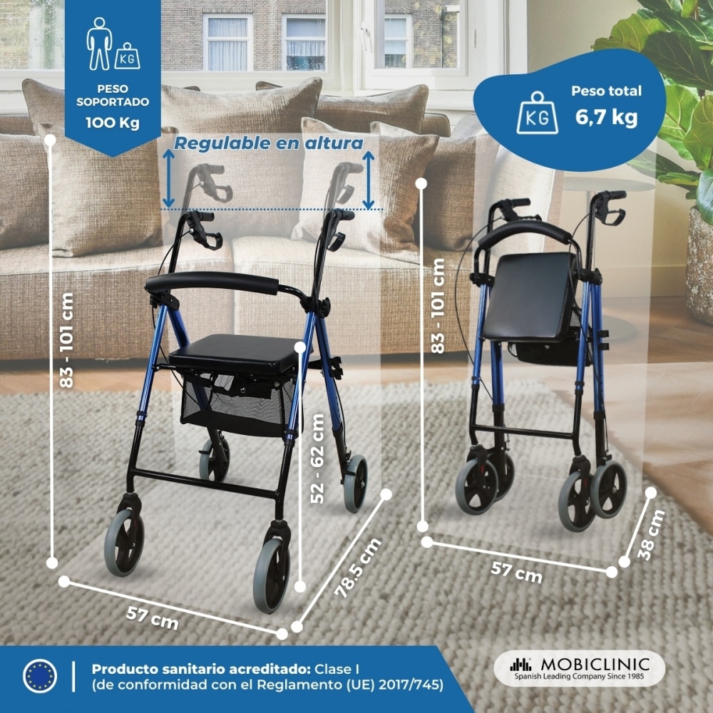 Andador plegable aluminio frenos manetas asiento y respaldo 4 ruedas Hércules Mobiclinic 2