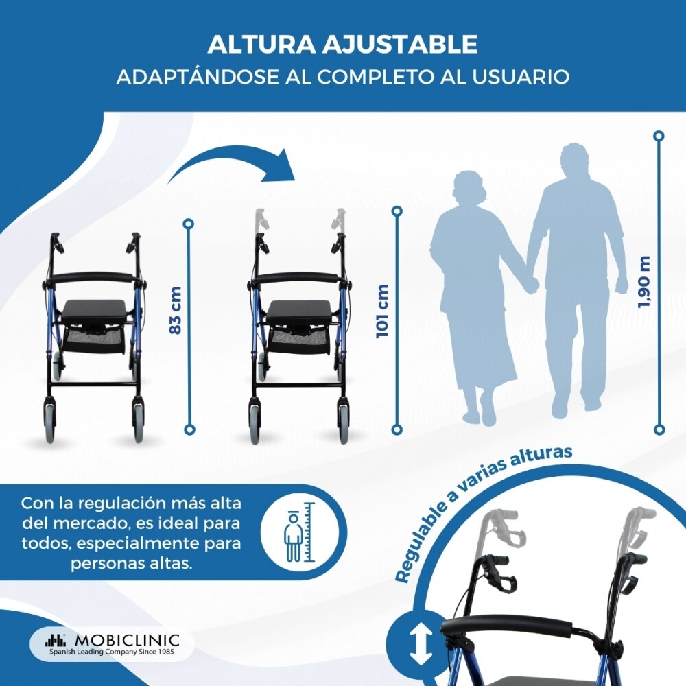 Andador plegable aluminio frenos manetas asiento y respaldo 4 ruedas Hércules Mobiclinic 3