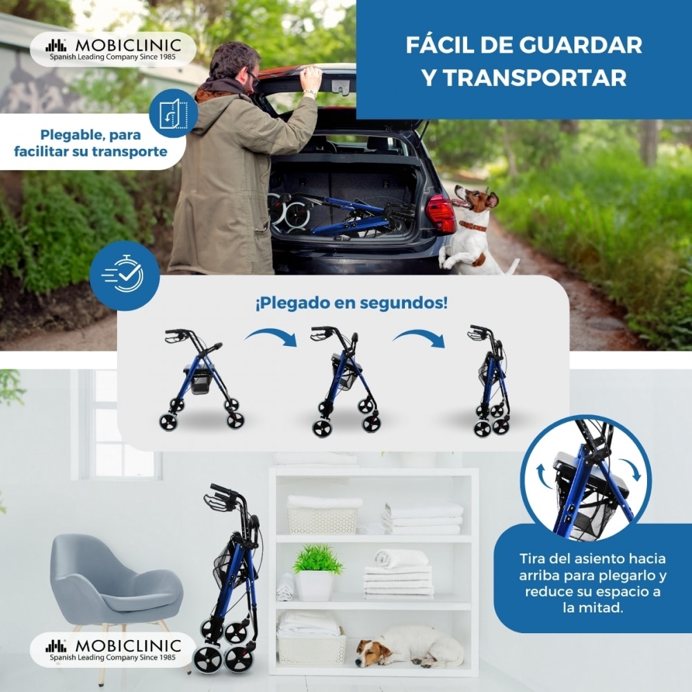 Andador plegable aluminio frenos manetas asiento y respaldo 4 ruedas Hércules Mobiclinic 4