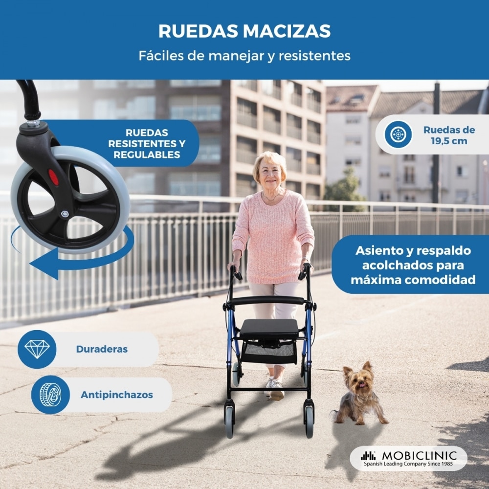 Andador plegable aluminio frenos manetas asiento y respaldo 4 ruedas Hércules Mobiclinic 5