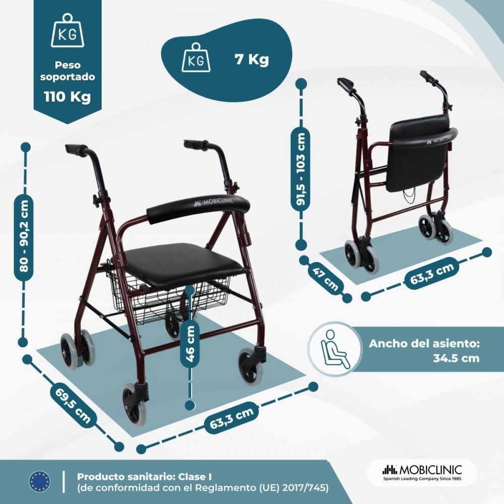 Imagen 3 de Andador para adultos 4 ruedas Andador para personas mayores Mobiclinic Prado Con freno a presión Asiento y cesta