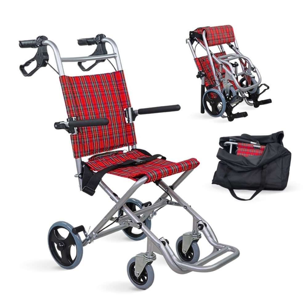Imagen 0 de Silla de ruedas para tránsito plegable aluminio frenos manetas roja Neptuno Mobiclinic