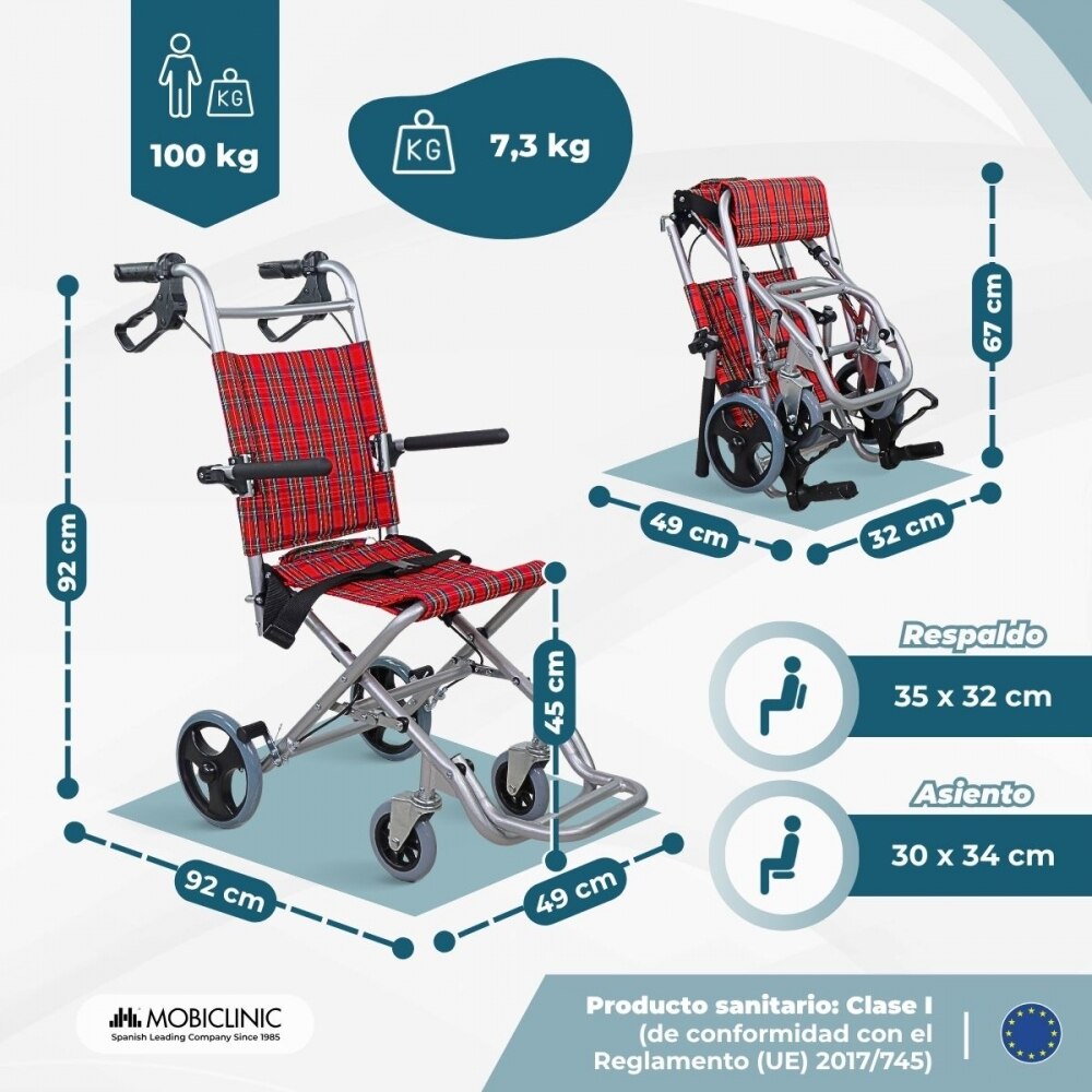 Silla de ruedas para tránsito plegable aluminio frenos manetas roja Neptuno Mobiclinic 2