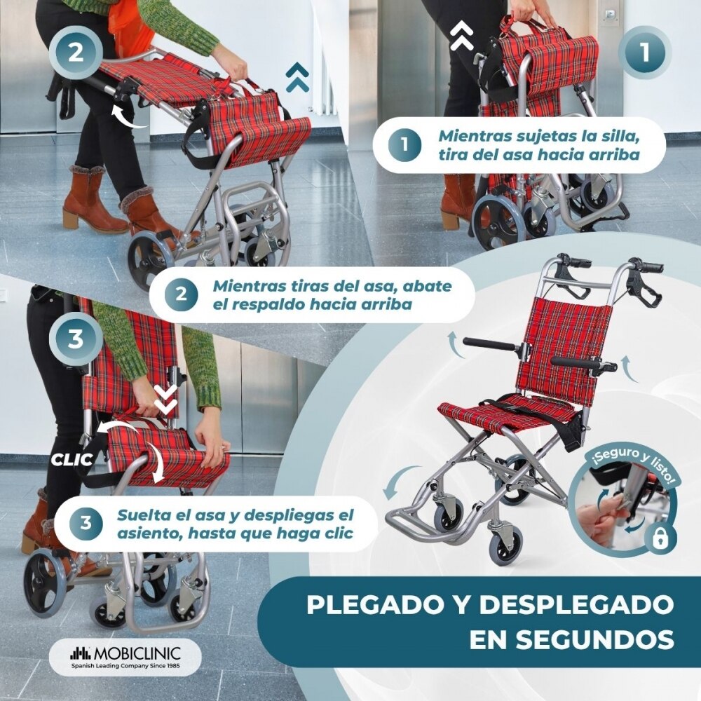 Silla de ruedas para tránsito plegable aluminio frenos manetas roja Neptuno Mobiclinic 5
