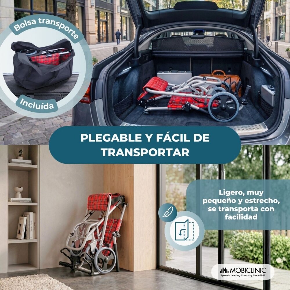 Silla de ruedas para tránsito plegable aluminio frenos manetas roja Neptuno Mobiclinic 6