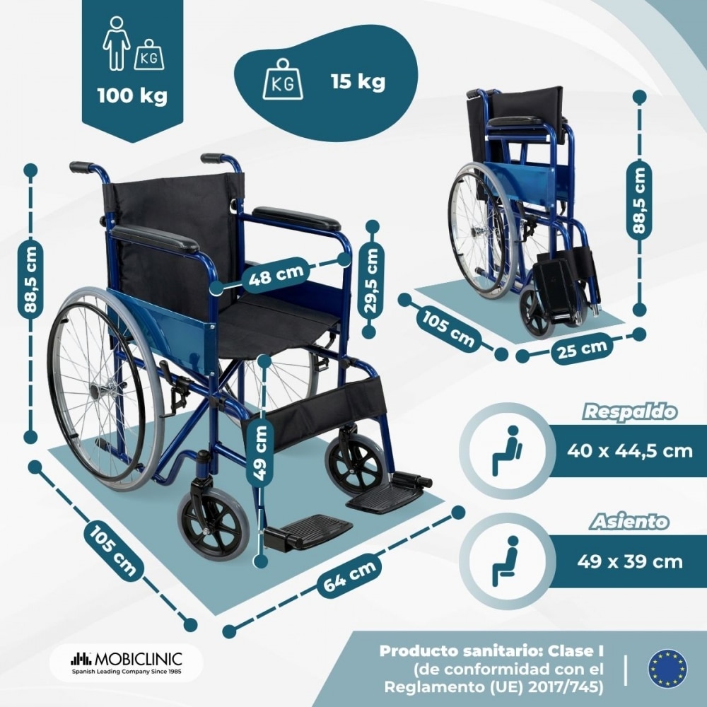 Silla de ruedas plegable ruedas grandes ligera ortopédica azul Alcázar Mobiclinic 2