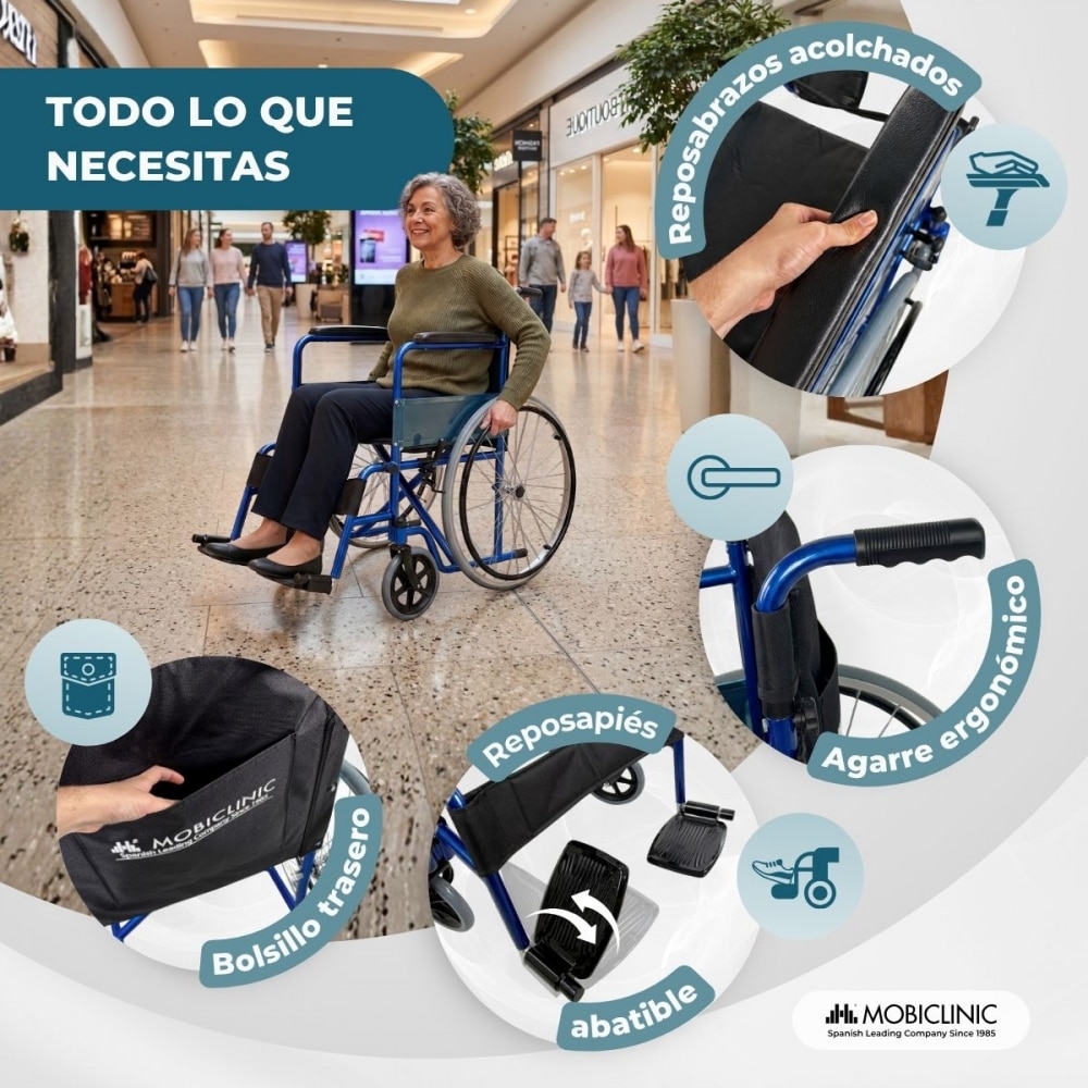 Silla de ruedas plegable ruedas grandes ligera ortopédica azul Alcázar Mobiclinic 3