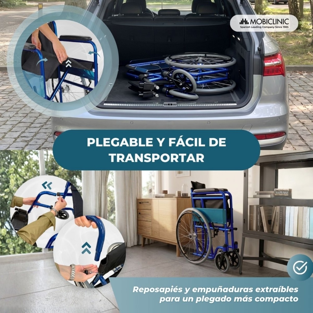 Silla de ruedas plegable ruedas grandes ligera ortopédica azul Alcázar Mobiclinic 4