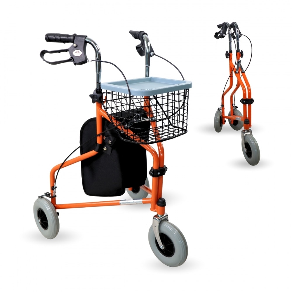 Andador plegable freno en manetas 3 ruedas cesta naranja Caleta Mobiclinic 1