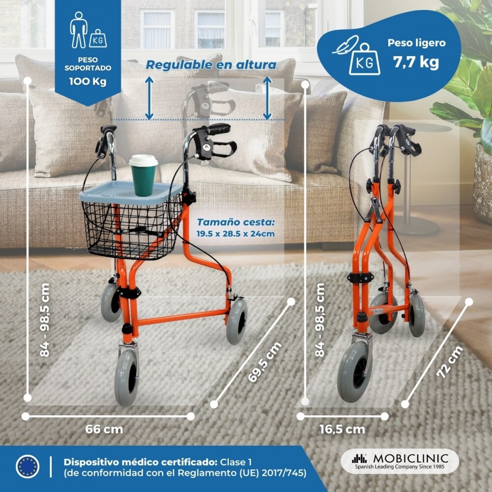 Andador plegable freno en manetas 3 ruedas cesta naranja Caleta Mobiclinic 2