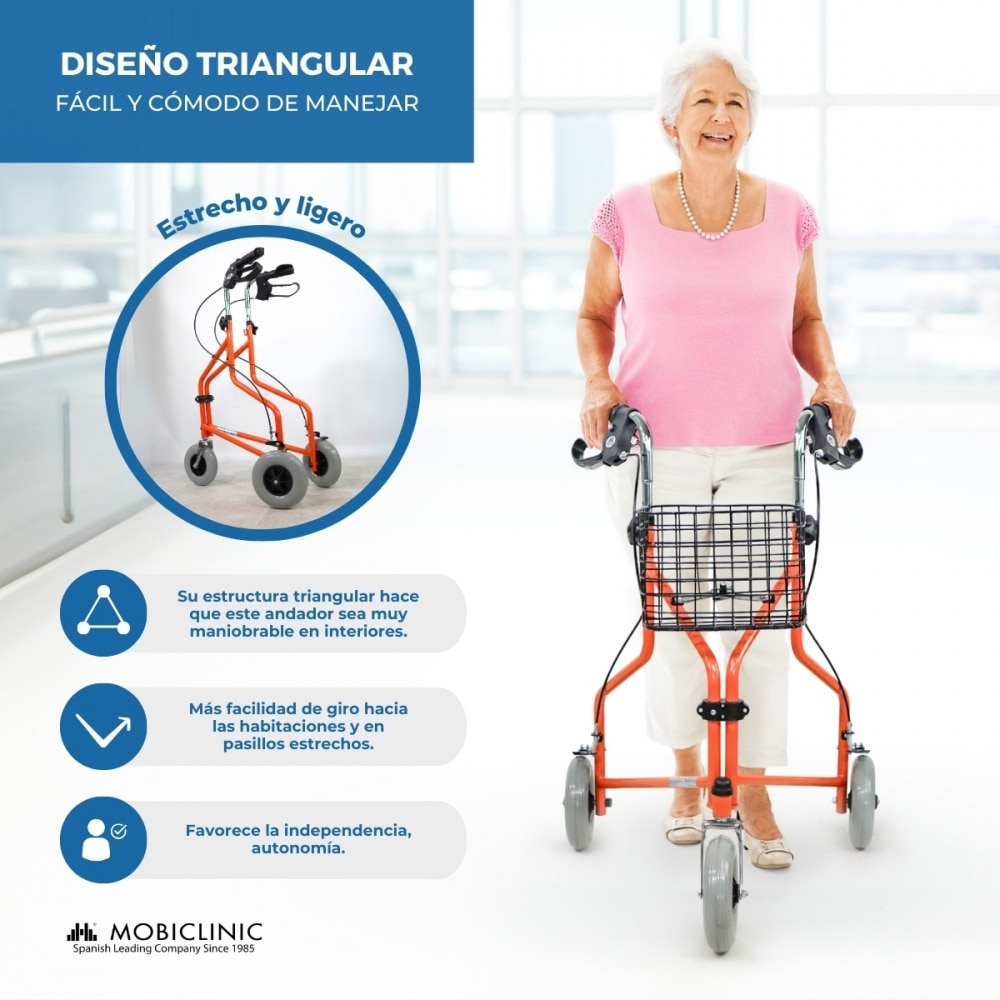 Andador plegable freno en manetas 3 ruedas cesta naranja Caleta Mobiclinic 3