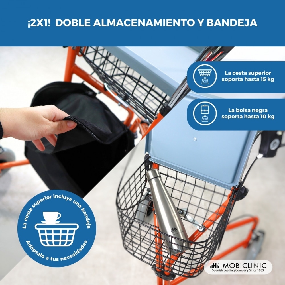 Andador plegable freno en manetas 3 ruedas cesta naranja Caleta Mobiclinic 4