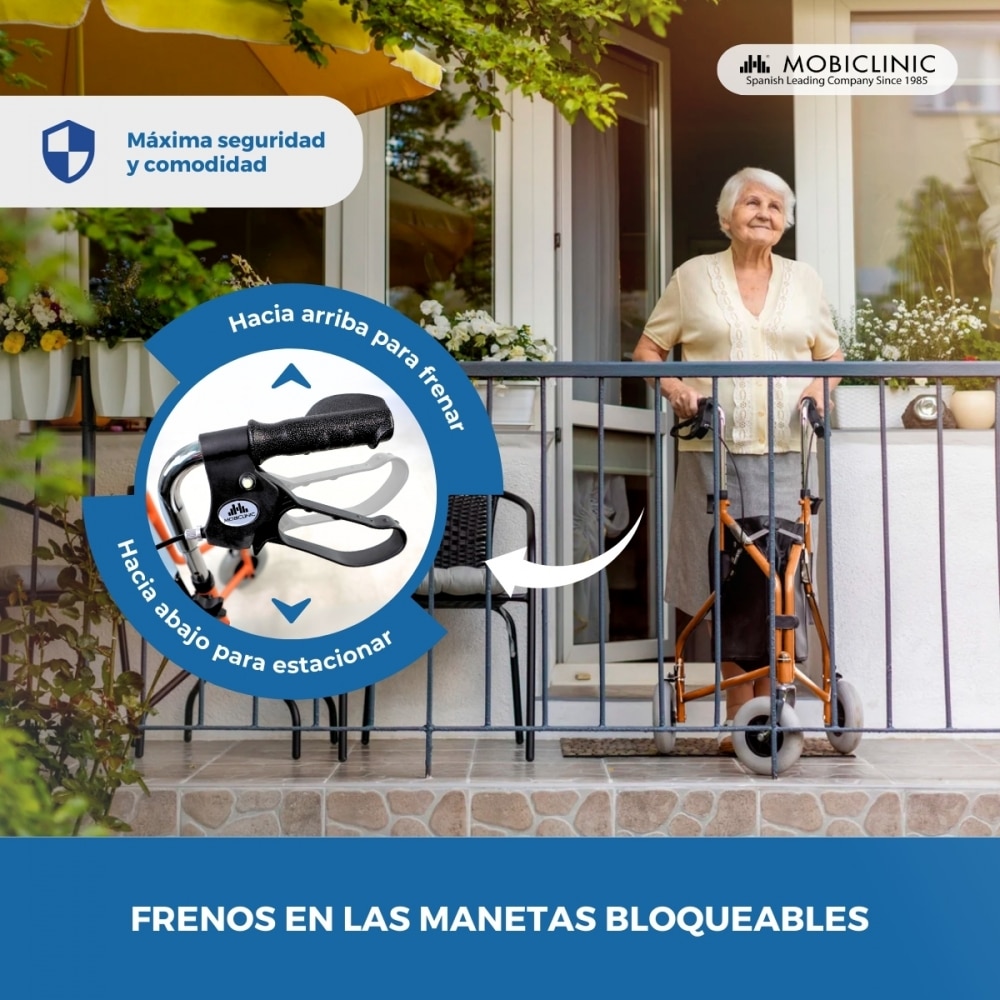 Andador plegable freno en manetas 3 ruedas cesta naranja Caleta Mobiclinic 5