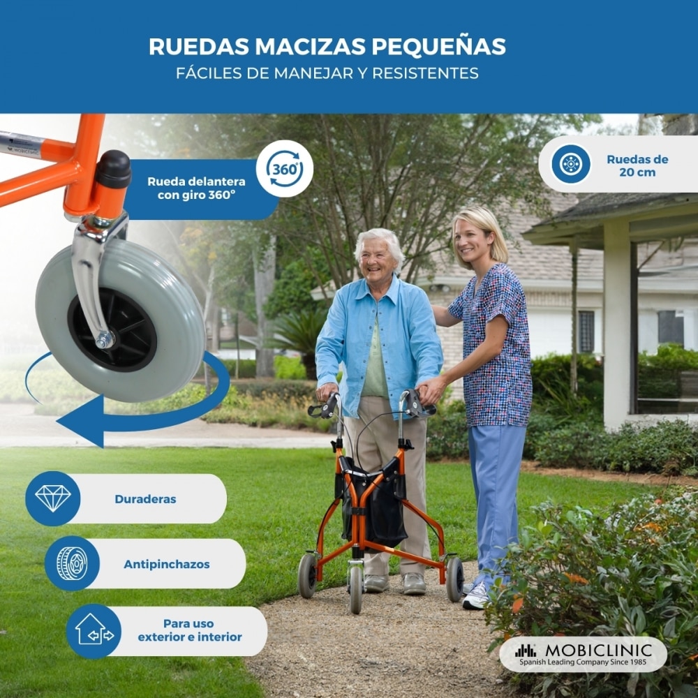 Andador plegable freno en manetas 3 ruedas cesta naranja Caleta Mobiclinic 6