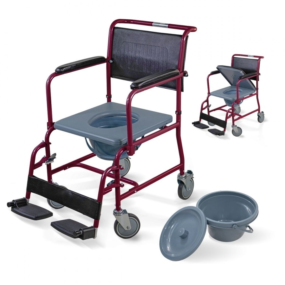 Silla inodoro wc con tapa y reposabrazos abatibles reposapiés extraíbles burdeos Ancla Mobiclinic 1