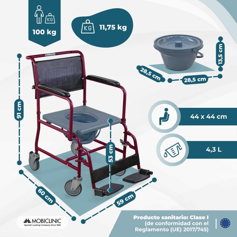 Silla inodoro wc con tapa y reposabrazos abatibles reposapiés extraíbles burdeos Ancla Mobiclinic 2