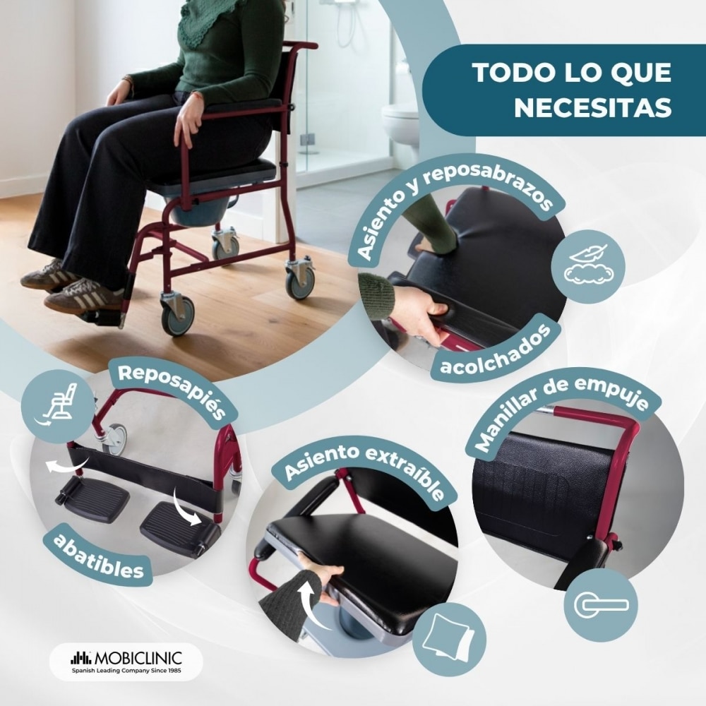 Silla inodoro wc con tapa y reposabrazos abatibles reposapiés extraíbles burdeos Ancla Mobiclinic 3