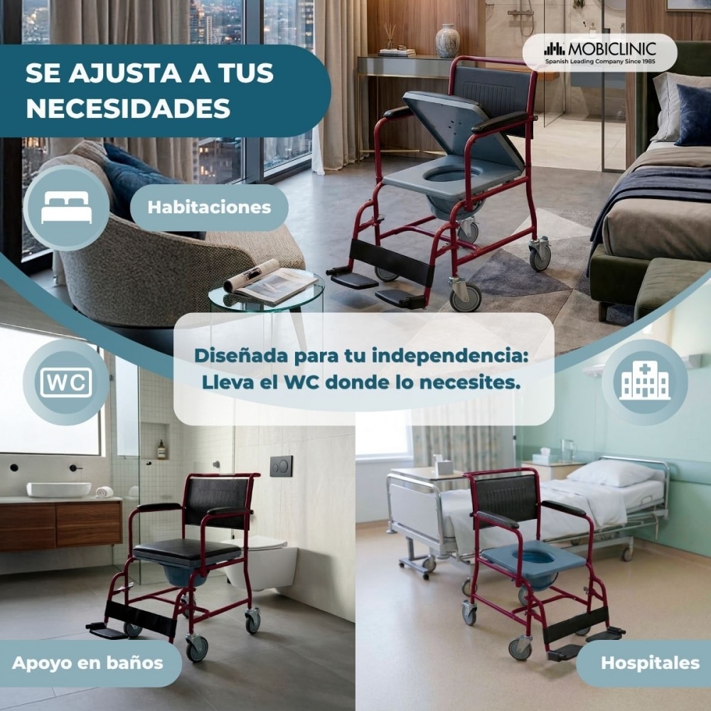 Silla inodoro wc con tapa y reposabrazos abatibles reposapiés extraíbles burdeos Ancla Mobiclinic 4