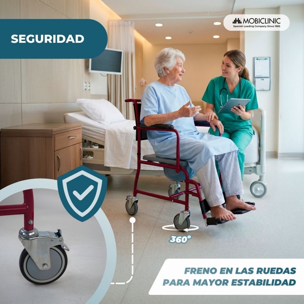 Silla inodoro wc con tapa y reposabrazos abatibles reposapiés extraíbles burdeos Ancla Mobiclinic 5