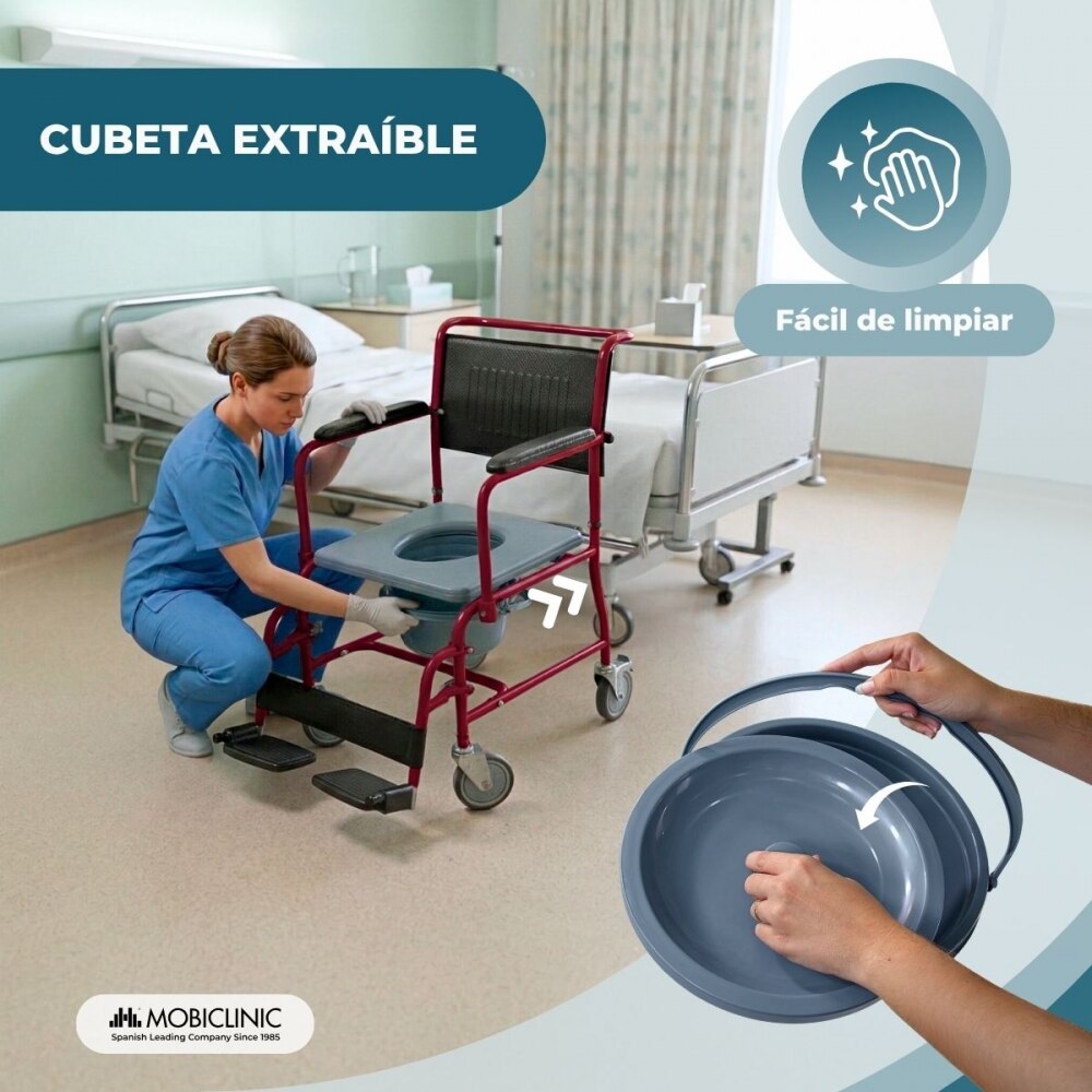 Silla inodoro wc con tapa y reposabrazos abatibles reposapiés extraíbles burdeos Ancla Mobiclinic 6