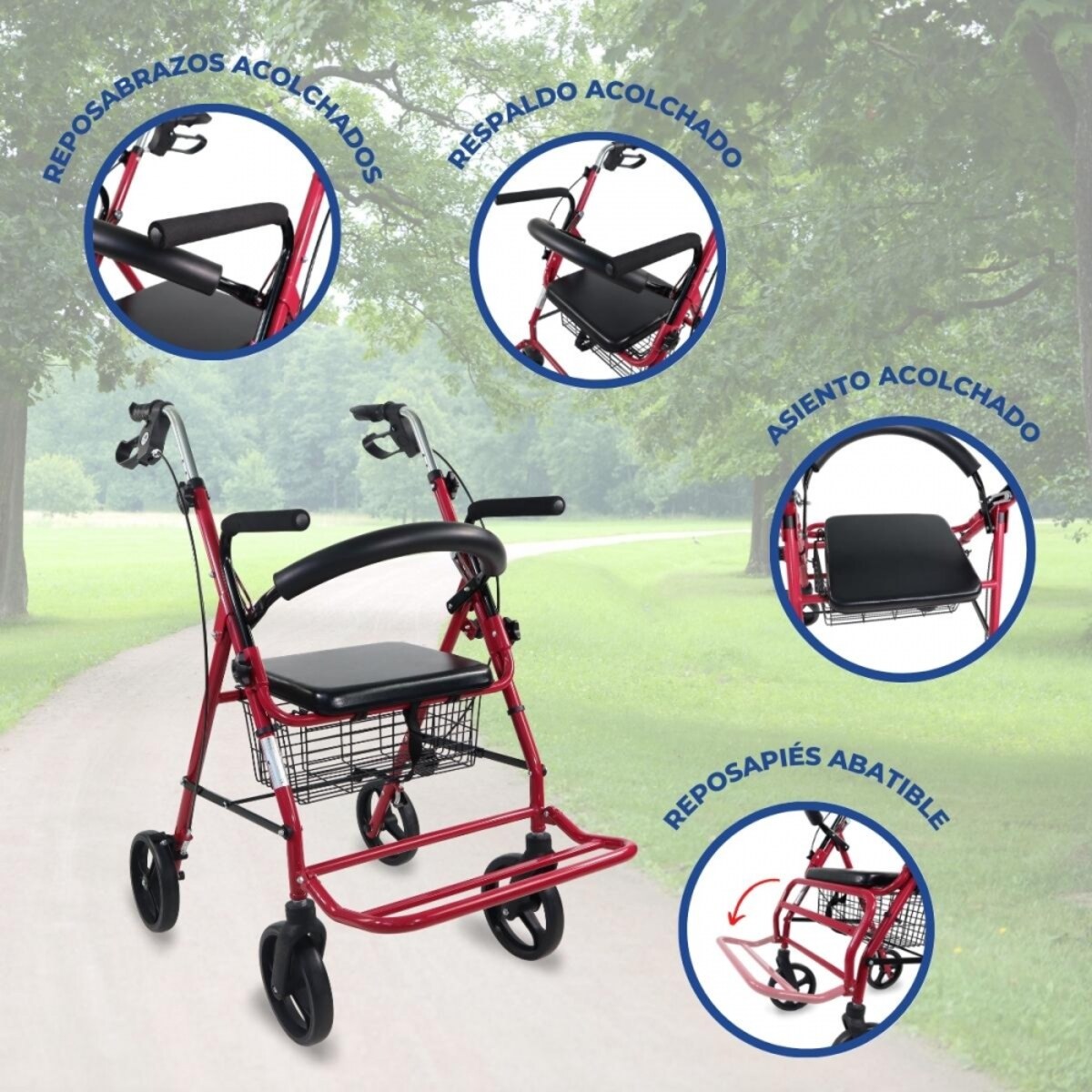 Andador para ancianos Mobiclinic Colón Aluminio Plegable Frenos en manetas Asiento y respaldo 4 ruedas Burdeos 5