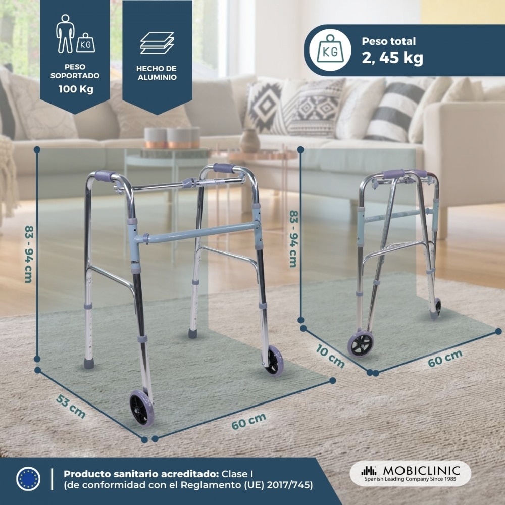 Imagen 6 de Andador para adultos aluminio plegable 2 ruedas regulable en altura Capitel Mobiclinic