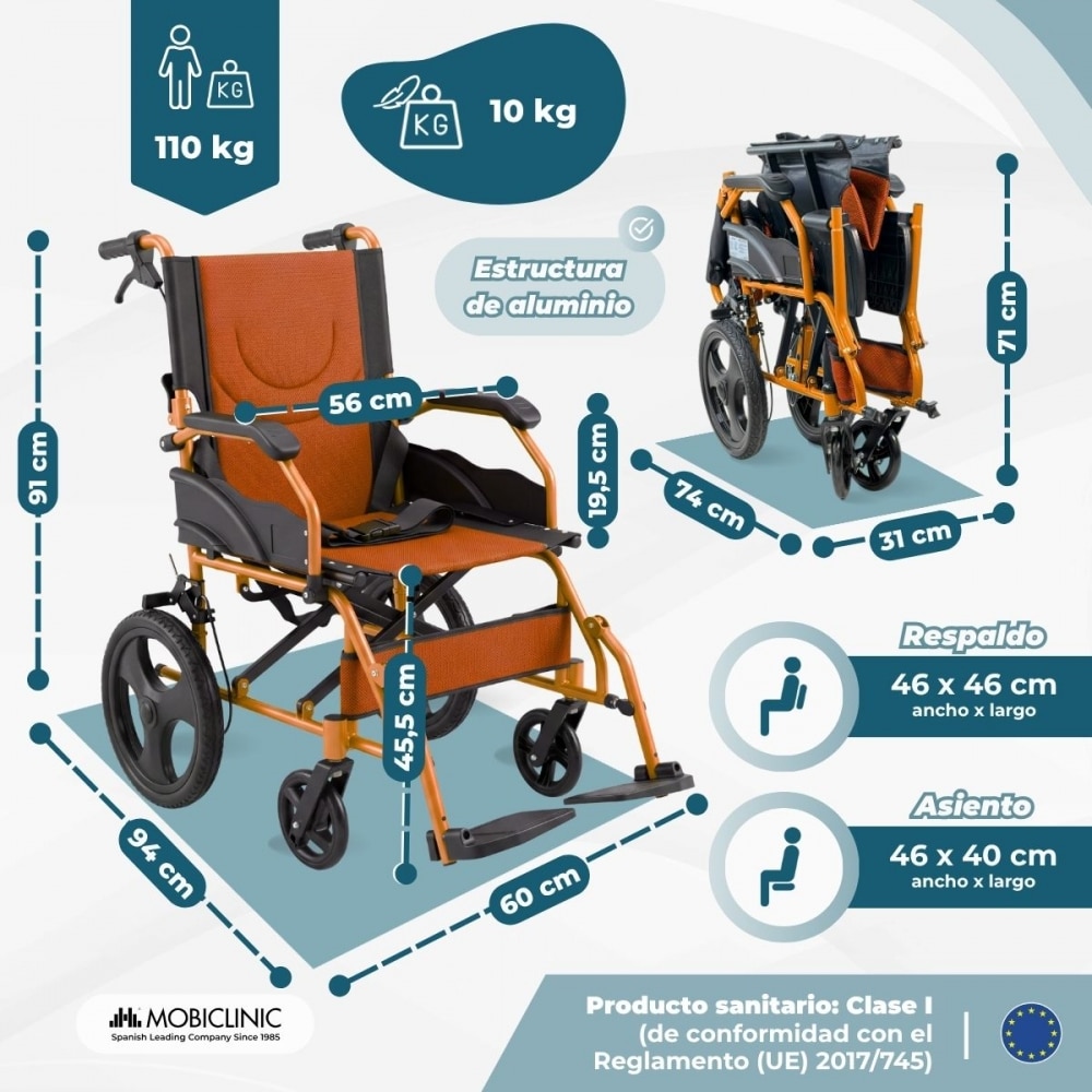Silla de ruedas plegable aluminio freno manetas naranja Pirámide Mobiclinic 2
